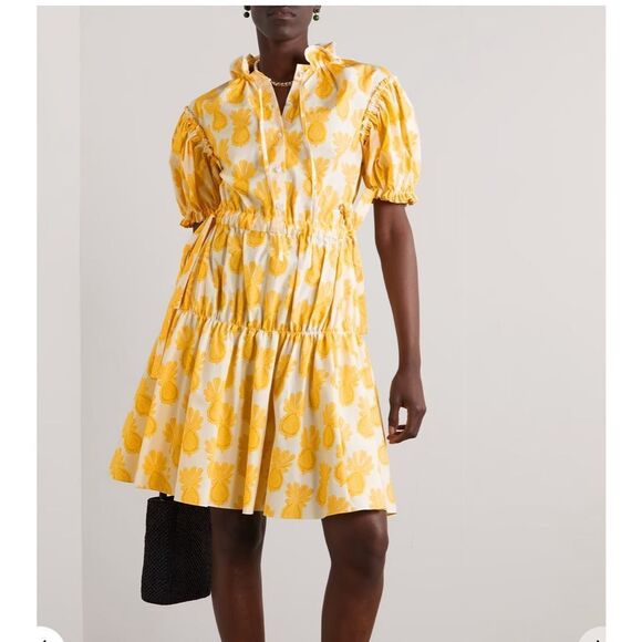 LA Double J Biscotto Yellow White Printed Cotton Tiered Mini Dress | XS - Picture 1 of 15